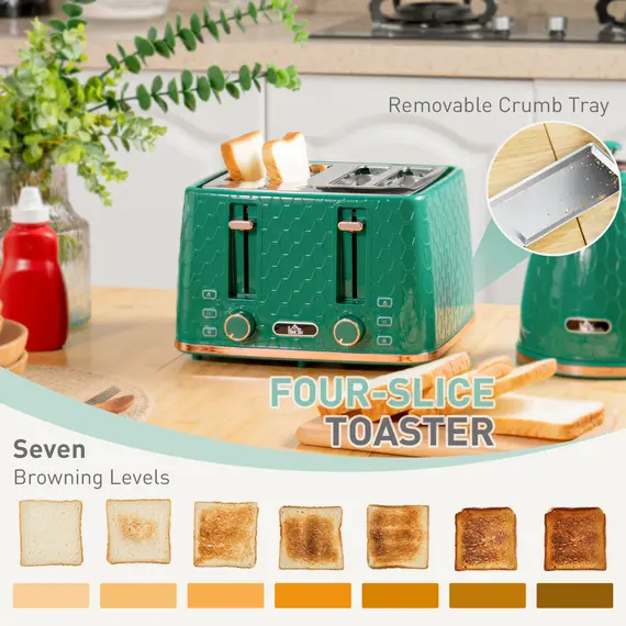 Buy Kettle and Toaster Set, 1.7L 3000W Fast Boil Jug Kettle with Auto Shut Off, 4 Slice Toaster with 7 Level Browning Controls & Crumb Tray, Green, 5 image