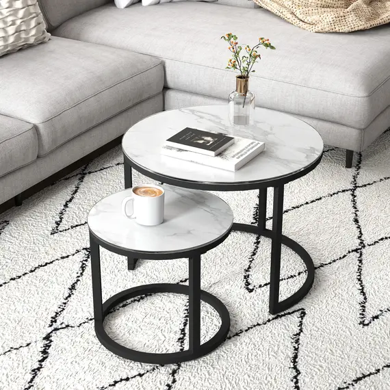 Buy Glass Coffee Table Set of 2, Round Nest of Tables with Marble-Effect Tempered Glass Tabletop and Steel Frame, Modern Side Tables for Living Room, White, 6 image