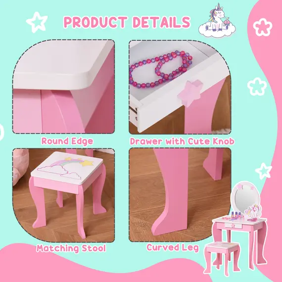Buy Kids Dressing Table with Mirror, Stool, Pink, 5 image