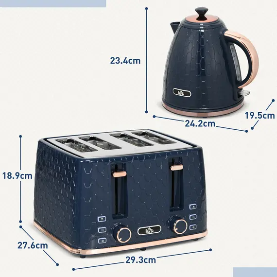 Buy Kettle and Toaster Set, 1.7L 3000W Fast Boil Jug Kettle with Auto Shut Off, 4 Slice Toaster with 7 Level Browning Controls & Crumb Tray, Blue, 3 image