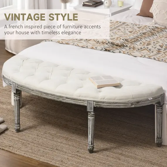 Buy Half-Circle End Bench Ottoman Footstool Tufting Padded Seat Brushed Wood Base Antique Accents Home Seat Furniture Cream White and Light Wood Grain Leg, 4 image