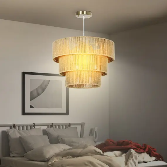 Buy Hemp Rope Ceiling Light, 3-Layer Boho Pendant Light, E14 Vintage Ceiling Lamp Fixtures for Living Room, Bedroom, Kitchen, Hallway, Light Brown, 2 image