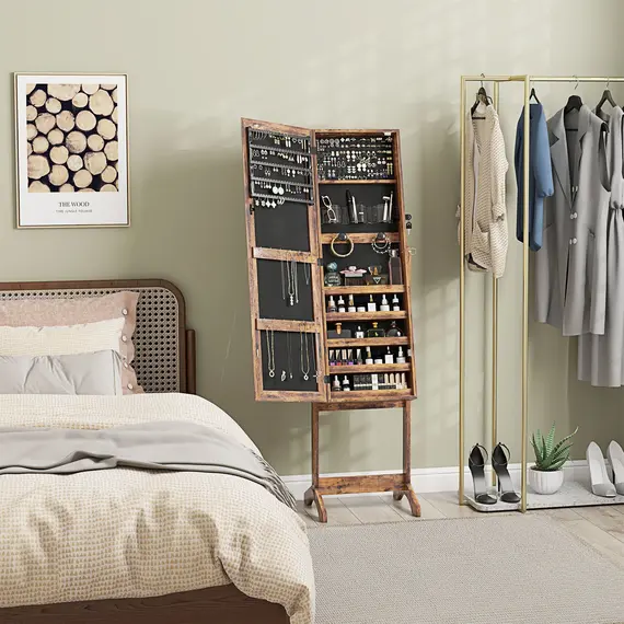 Buy Jewellery Cabinet with LED Light, Lockable Jewellery Organiser with Full-Length Mirror for Bedroom Dressing Room, Rustic Brown, 2 image