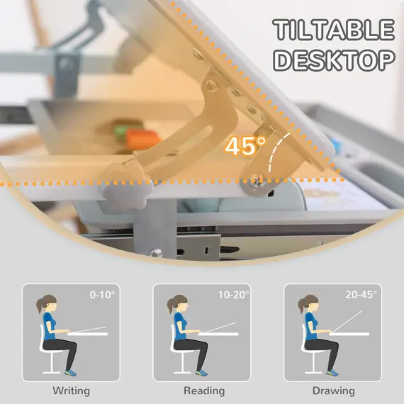 Buy Kids Desk and Chair Set, Student Adjustable Writing Desk, with Drawer, Pen Slot, Hook - Grey, 7 image
