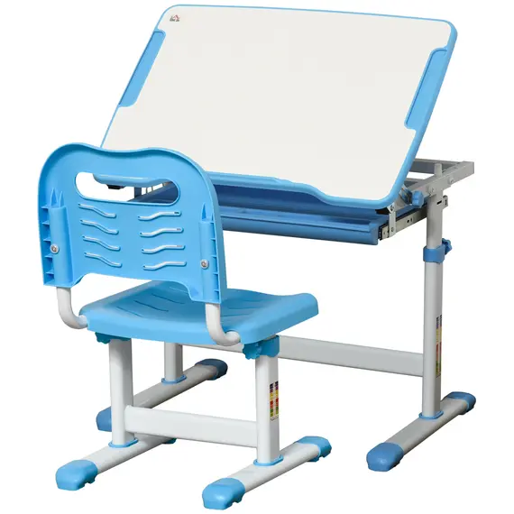 Buy Kids Desk and Chair Set, Height Adjustable Student Writing Desk, Children School Study Table with Tiltable Desktop, Drawer, Pen Slot, Hook - Blue
