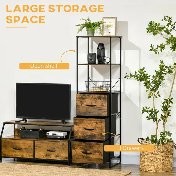 Buy Industrial Storage Cabinet with 2 Open Shelves and 3 Foldable Fabric Drawers, Multifunctional Bookshelf in Living Room, Study, Bedroom, Rustic Brown, 4 image