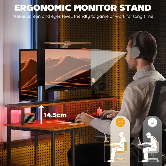 Buy LED Computer Desk, with Power Outlets and Shelves - Rustic Brown, 6 image