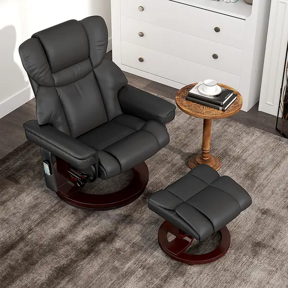Buy Massage Recliner Chair with Footstool, Upholstered Reclining Armchair with Adjustable Backrest, Steel Frame and Wood Base, Swivel Chair for Living Room, Bedroom, Black, 2 image