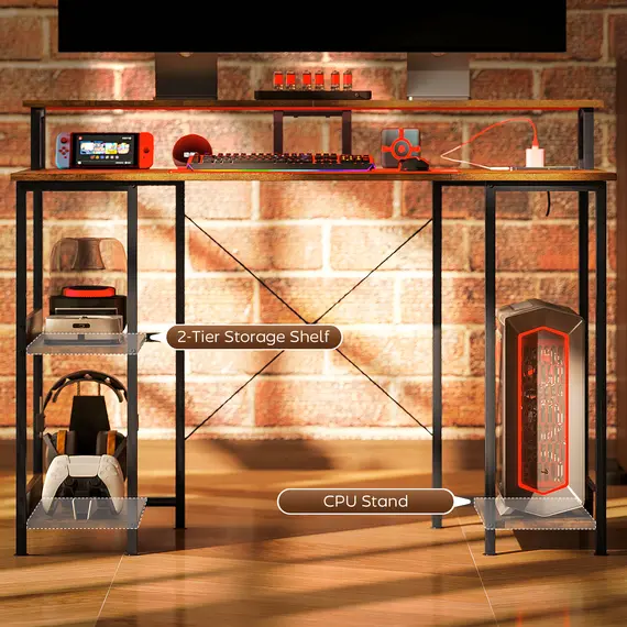 Buy LED Computer Desk, with Power Outlets and Shelves - Rustic Brown, 8 image