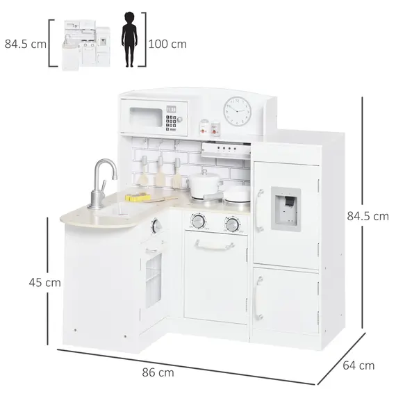 Buy Kids Play Kitchen Wooden Toy Kitchen Cooking Set for Children with Drinking Fountain, Microwave, and Fridge White, 3 image