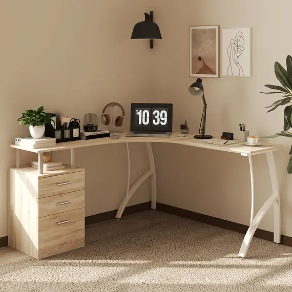 Buy L-Shaped Computer Desk Table with Storage Drawer, Home Office Desk Corner Industrial Style Workstation for A4 Files 143.5 x 143.5 x 76cm, Oak, 2 image