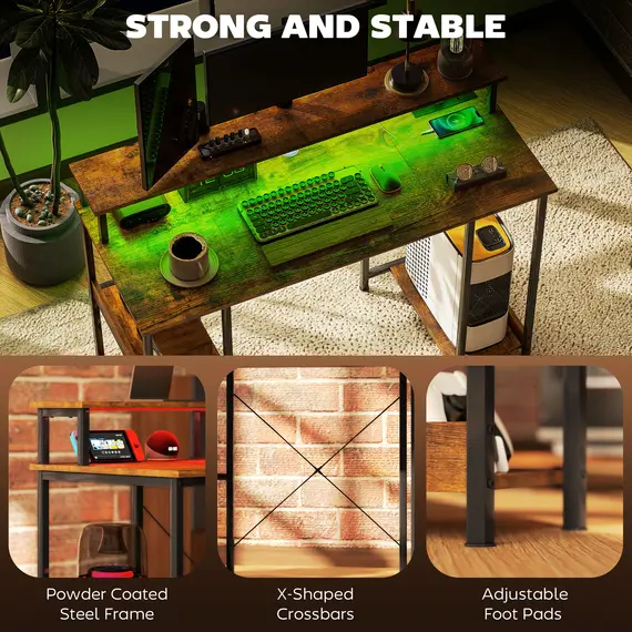 Buy LED Computer Desk, with Power Outlets and Shelves - Rustic Brown, 9 image