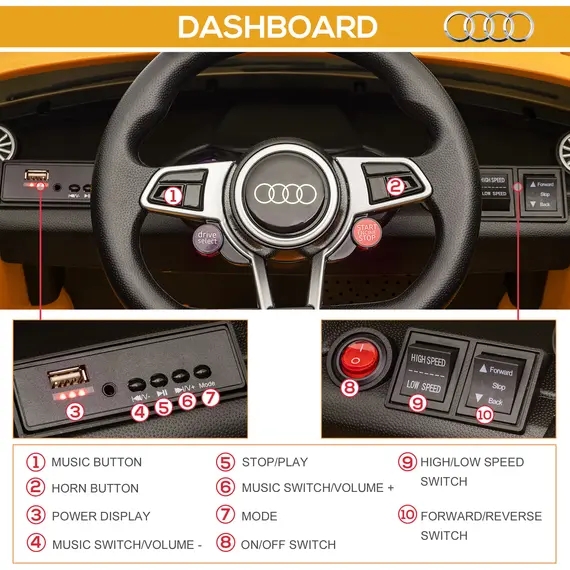 Buy Kids Licensed Audi TT RS Ride-On Car 12V Battery w/ Remote Suspension Headlights and MP3 Player 3km/h Yellow, 7 image