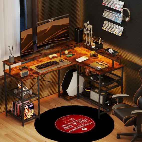 Buy LED Light 'L' Computer Desk, with Shelves - Brown, 2 image