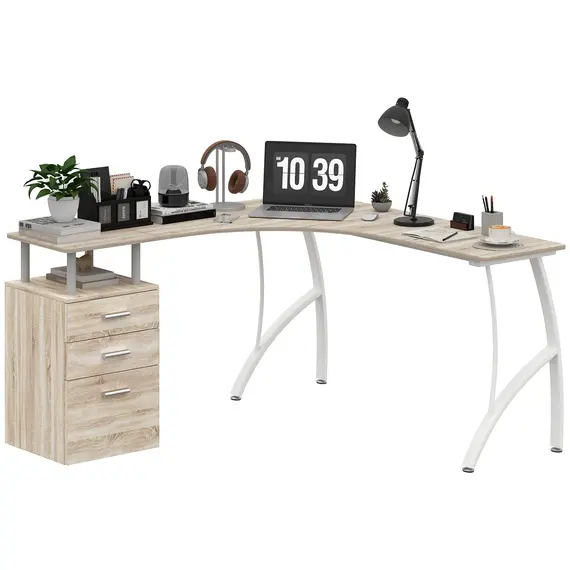 Buy L-Shaped Computer Desk Table with Storage Drawer, Home Office Desk Corner Industrial Style Workstation for A4 Files 143.5 x 143.5 x 76cm, Oak