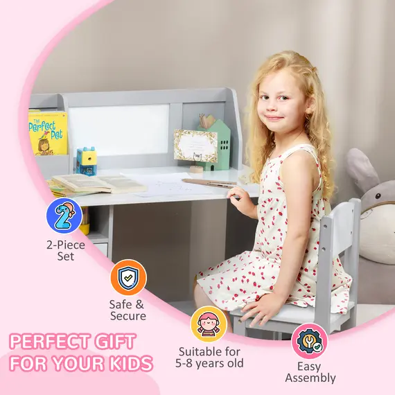 Buy Kids Table and Chair Set w/ Whiteboard - Grey, 6 image