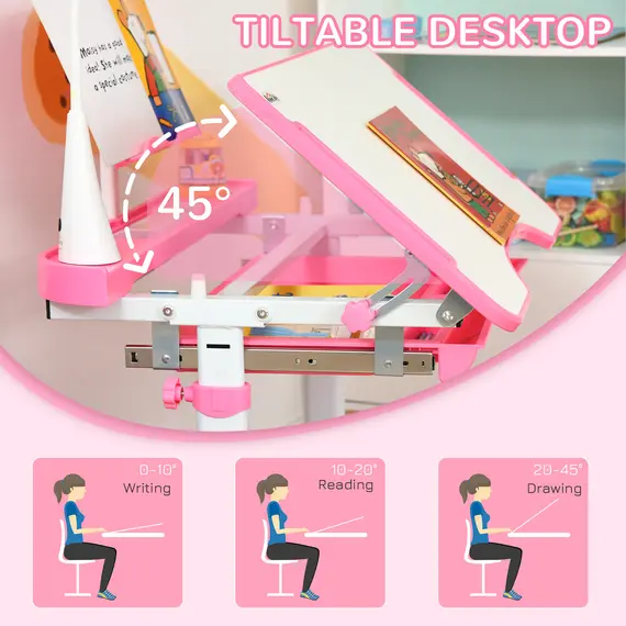Buy Kids Study Desk and Chair Set w/ Adjustable Height, Storage, Drawer, Pink, 7 image