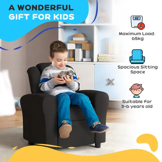 Buy Kids Recliner Chair, PU Leather with Adjustable Backrest, Footrest, Padded Headrest, Black, 8 image