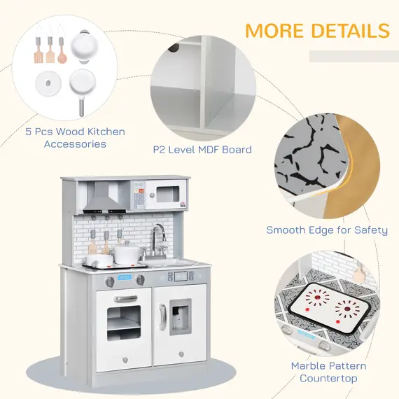 Buy Kids Wooden Toy Kitchen Pretend Play Cooking Playset w/ Sound & Light Effect, Battery Operated Cooktop, Ice Machine, Marble Pattern Countertop, for 3-6 Years Old, 7 image
