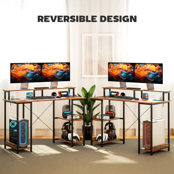 Buy LED Computer Desk, with Power Outlets and Shelves - Rustic Brown, 7 image