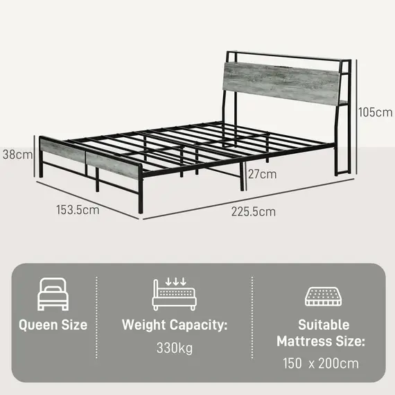 Buy King Steel Bed Frame, with LED Lights and Headboard Shelf - Grey, 3 image