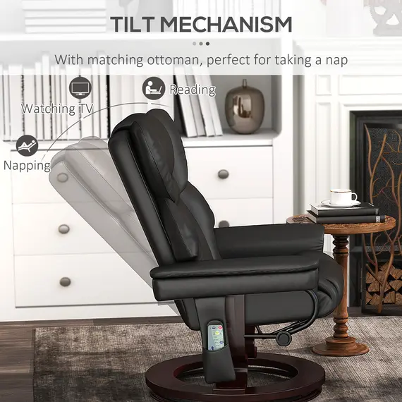 Buy Massage Recliner Chair with Footstool, Upholstered Reclining Armchair with Adjustable Backrest, Steel Frame and Wood Base, Swivel Chair for Living Room, Bedroom, Black, 5 image