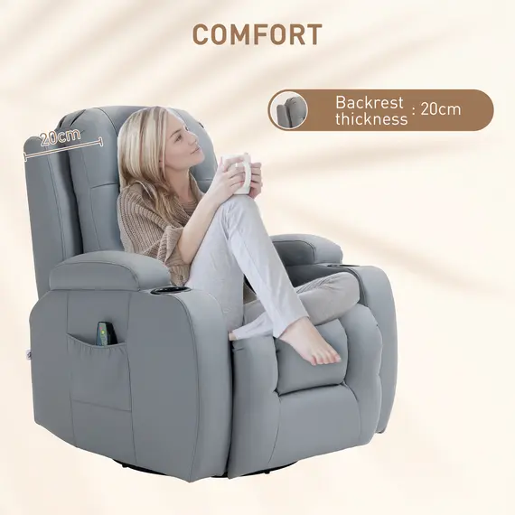 Buy Massage Recliner Chair with 8 Vibration & Heat, PU Leather Recliner Armchair with Cup Holders and Side Pockets, Manual Reclining Chair with Remote, 360° Swivel, Rocking, Light Grey, 7 image
