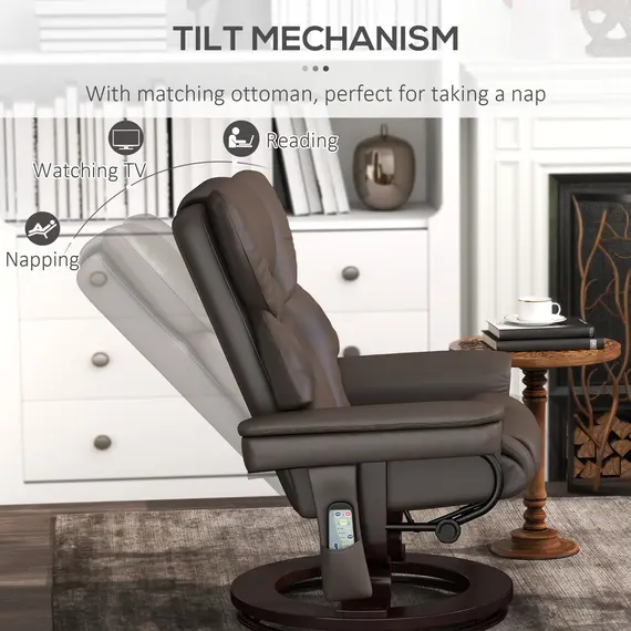 Buy Massage Recliner Chair with Footstool, Upholstered Reclining Armchair with Adjustable Backrest, Steel Frame and Wood Base, Swivel Chair for Living Room, Bedroom, Brown, 5 image