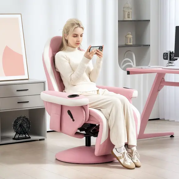 Buy Manual Recliner Armchair PU Leather Lounge Chair w Adjustable Leg Rest, 135° Reclining Function, 360° Swivel, Pink, 2 image