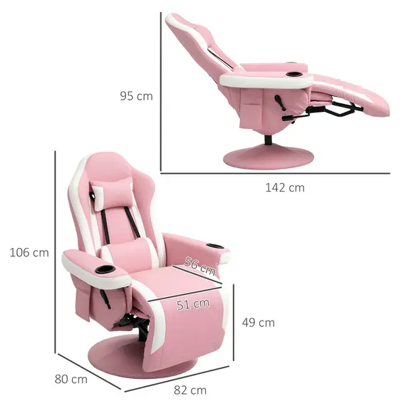 Buy Manual Recliner Armchair PU Leather Lounge Chair w Adjustable Leg Rest, 135° Reclining Function, 360° Swivel, Pink, 3 image