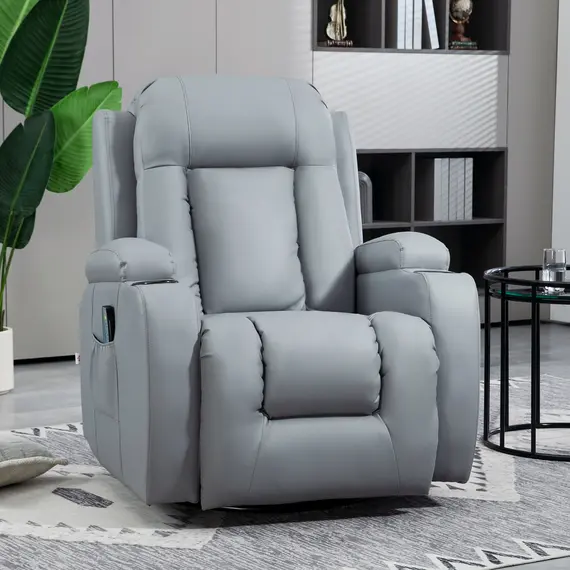 Buy Massage Recliner Chair with 8 Vibration & Heat, PU Leather Recliner Armchair with Cup Holders and Side Pockets, Manual Reclining Chair with Remote, 360° Swivel, Rocking, Light Grey, 2 image