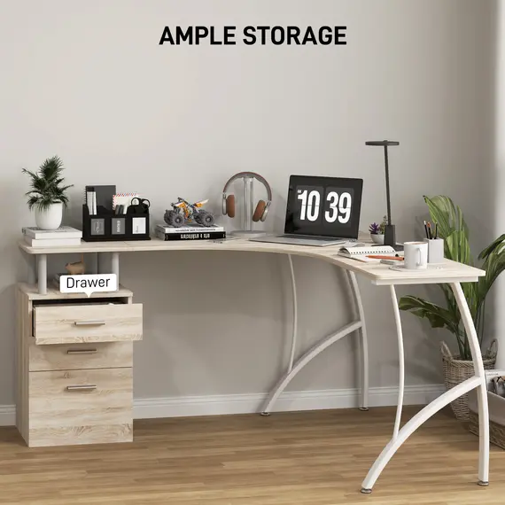 Buy L-Shaped Computer Desk Table with Storage Drawer, Home Office Desk Corner Industrial Style Workstation for A4 Files 143.5 x 143.5 x 76cm, Oak, 4 image