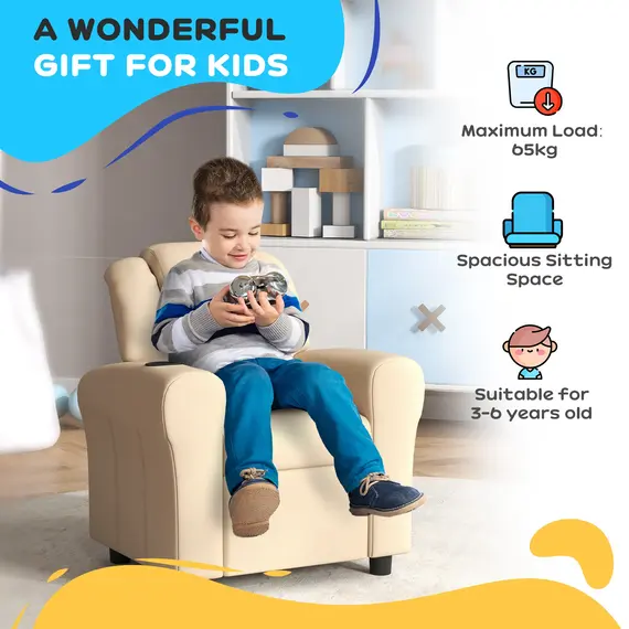 Buy Kids Recliner Chair, PU Leather with Adjustable Backrest, Footrest, Padded Headrest, Beige, 8 image