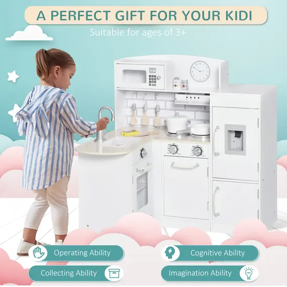Buy Kids Play Kitchen Wooden Toy Kitchen Cooking Set for Children with Drinking Fountain, Microwave, and Fridge White, 4 image