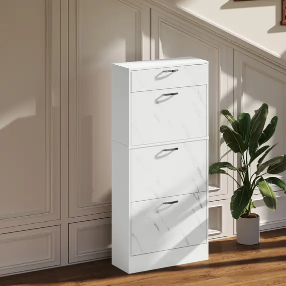 Buy Marble Shoe Storage Cabinet with 3 Flip Drawers, Hallway Cabinet with Top Drawer and Adjustable Shelves, Shoe Cupboard for 18 Pairs, White, 8 image