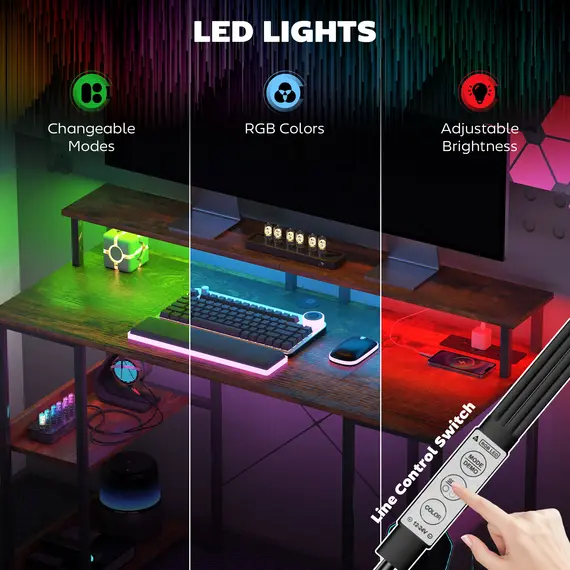 Buy LED Computer Desk, with Power Outlets and Shelves - Rustic Brown, 5 image