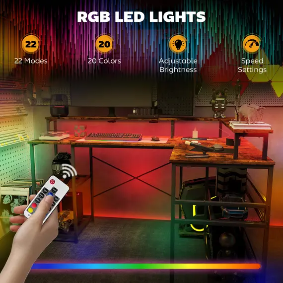 Buy LED Light 'L' Computer Desk, with Shelves - Brown, 4 image