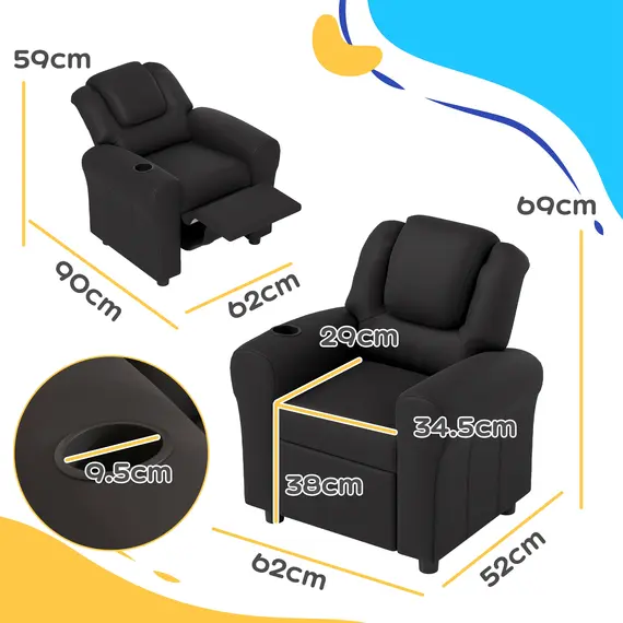 Buy Kids Recliner Chair, PU Leather with Adjustable Backrest, Footrest, Padded Headrest, Black, 3 image