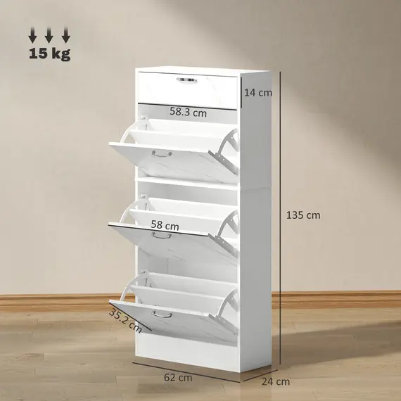 Buy Marble Shoe Storage Cabinet with 3 Flip Drawers, Hallway Cabinet with Top Drawer and Adjustable Shelves, Shoe Cupboard for 18 Pairs, White, 3 image