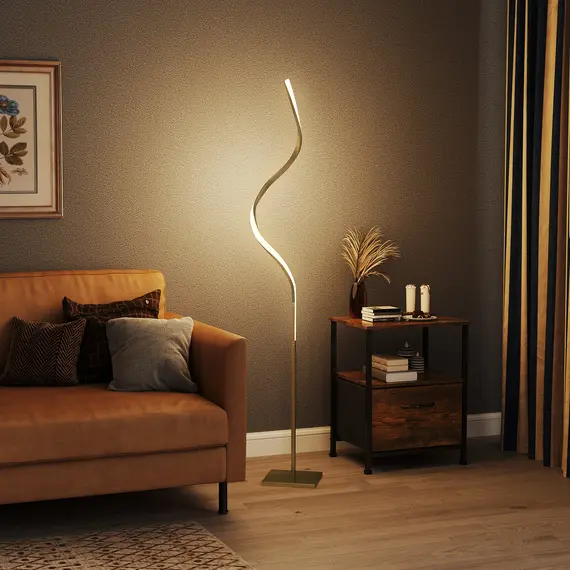 Buy LED Floor Lamp with 3 Adjustable Brightness, Modern Dimmable Standing Lamp with Foot Switch for Bedroom, Living Room, Gold Tone, 9 image