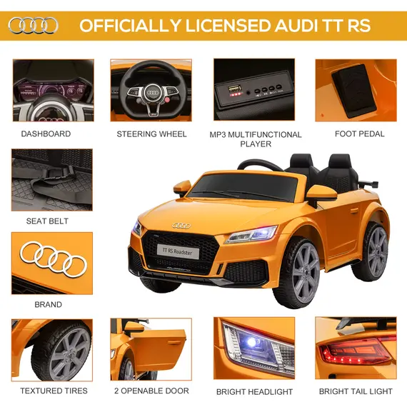 Buy Kids Licensed Audi TT RS Ride-On Car 12V Battery w/ Remote Suspension Headlights and MP3 Player 3km/h Yellow, 4 image