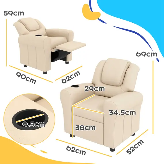 Buy Kids Recliner Chair, PU Leather with Adjustable Backrest, Footrest, Padded Headrest, Beige, 3 image
