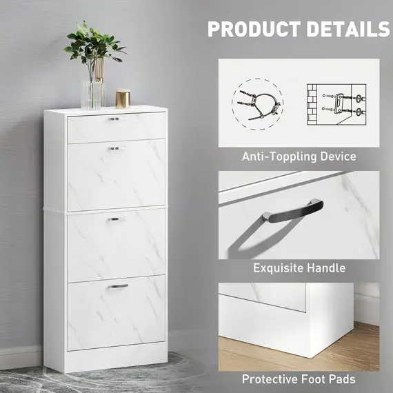 Buy Marble Shoe Storage Cabinet with 3 Flip Drawers, Hallway Cabinet with Top Drawer and Adjustable Shelves, Shoe Cupboard for 18 Pairs, White, 6 image