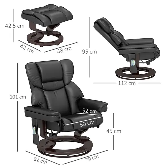 Buy Massage Recliner Chair with Footstool, Upholstered Reclining Armchair with Adjustable Backrest, Steel Frame and Wood Base, Swivel Chair for Living Room, Bedroom, Black, 3 image