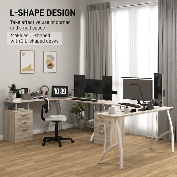 Buy L-Shaped Computer Desk Table with Storage Drawer, Home Office Desk Corner Industrial Style Workstation for A4 Files 143.5 x 143.5 x 76cm, Oak, 5 image
