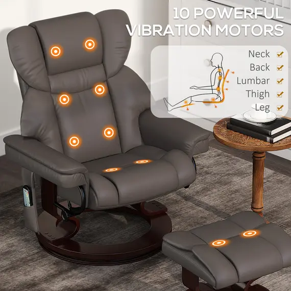 Buy Massage Recliner Chair with Footstool, Upholstered Reclining Armchair with Adjustable Backrest, Steel Frame and Wood Base, Swivel Chair for Living Room, Bedroom, Brown, 4 image