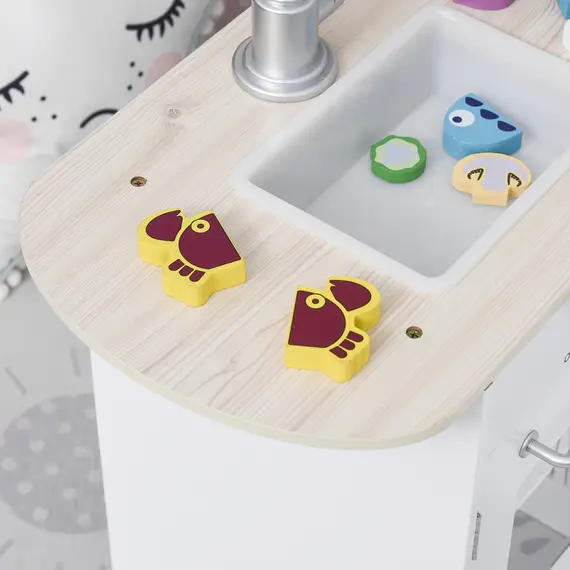 Buy Kids Play Kitchen Wooden Toy Kitchen Cooking Set for Children with Drinking Fountain, Microwave, and Fridge White, 8 image