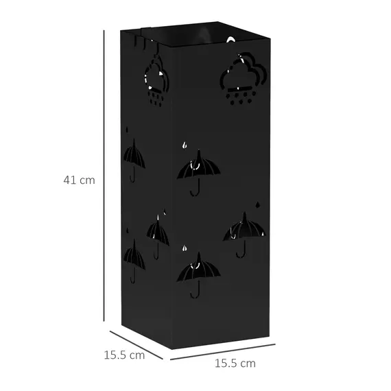 Buy Metal Umbrella Stand, Square Umbrella Holder with Removable Drip Tray and 4 Hooks, Decorative Umbrella Storage Rack for Hallway, Entryway, 15.5 x 15.5 x 41 cm, Black, 3 image