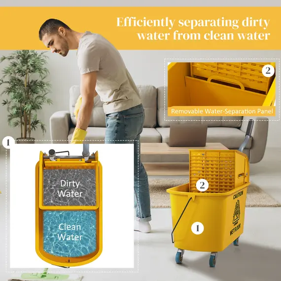 Buy Mop Bucket with Wringer Set on Wheels for Floor Cleaning, 20 Litre Side Press Wringer with Handle and Mop, Yellow, 5 image