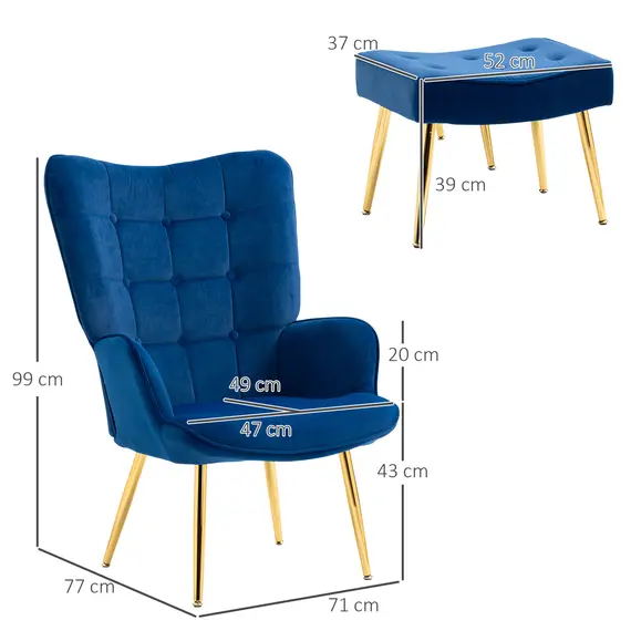 Buy Modern Armchair with Footstool, Upholstered Accent Chair with Ottoman, Steel Legs, Velvet Wingback Chair for Living Room, Bedroom, Home Study, Dark Blue, 3 image